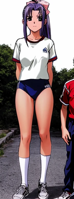 Momoko Koigakubo, a tall girl with beautiful legs, is standing with a smile on her face, wearing white gym clothes and light navy blue bloomers that look like panties, with her legs spread to the sides.。Next to Momoko Koigakubo is a boy in his second year ...