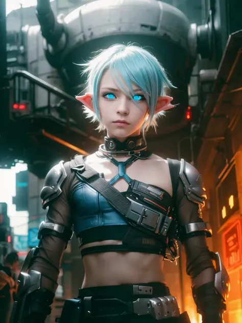 Femboy, cyberpunk style, blue hair, blue eyes, 1boy, elf ears 