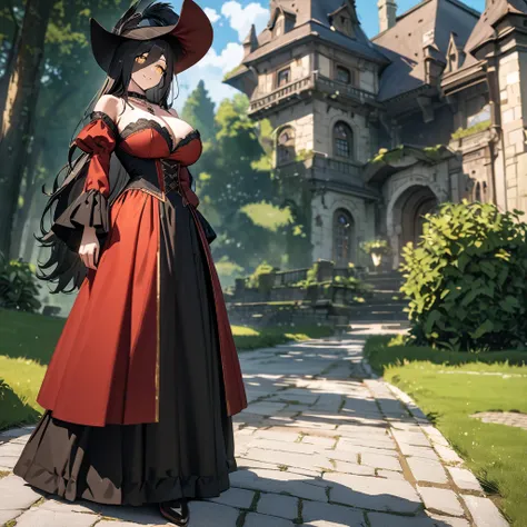 A woman wearing a European madame dress from the middle ages, long-sleeved red dress, black details on the clothes, iron cross necklace on her neck, wearing a long madame hat, hat with black feather, long black hair, bangs on the eyes, yellow eyes, smiling...