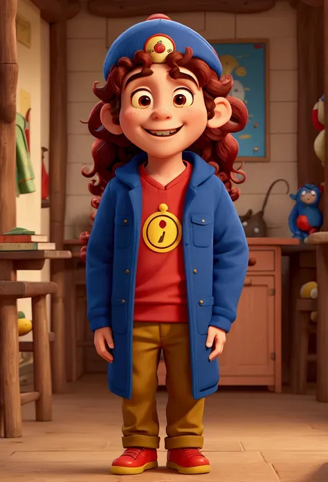  boy, wide smile, long curly hair, red cap covering the eyes. Blue coat and yellow pants. Book in hands. monkey on the shoulder