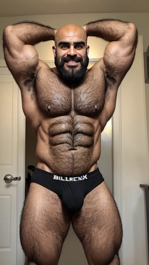 Extremely muscular, very hairy, rugged Arab daddy flexing his arms ((Sweaty)) ((Hairy)) ((Thick, full, curly black body hair all over)) ((Thick, excessive chest hair)) ((Curly, full chest and torso hair)) ((Thick, full happy trail of hair all over his abs)...