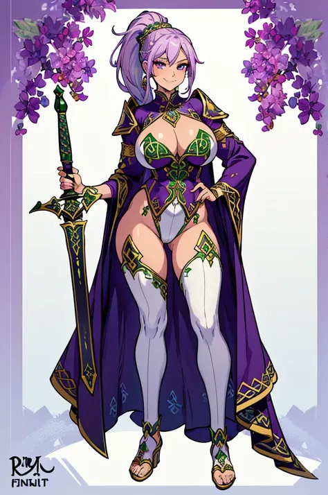 (masterpiece, best quality, high resolution, (huge breasts) 1 beautiful woman, lilac hair tied in a ponytail, full body fantasy Celtic knight costume, fantasy Celtic knight accessories ,Celtic sword in hands,smile(white background ,Stickers.Redmond ), ((fu...