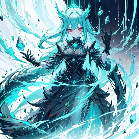 1woman, Beautiful, perfect anotomy, turquoise long hair, black scarlet eye, stature high, perfect face detail, queen wolf, god wolf, walking ice lake, fullmon, luciernagas, multiple sword around, good glowing, blushing, masterpiece, high quality, furry