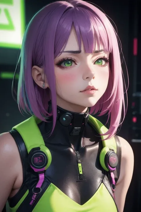 Artwork, best quality, 4k, alone, 20s, 1 girl, cyberpunk, neon, pretty face, 3/4 side of face, pretty woman, realistic anime, shoulder-length short slightly wavy hair, parted bangs middle, purple hair, pink hair tips, long eyelashes, lime green eyes, serio...