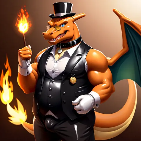 Solo, Male, fat, extremely obese, gentleman, dapper Professor Charizard, blue eyes, (posing:1.3), (soft shading), 4k, hi res, ((detailed face, detailed)), looking at viewer, mouth wide open, steampunk, collared shirt with buttons, top hat, male focus, Expl...