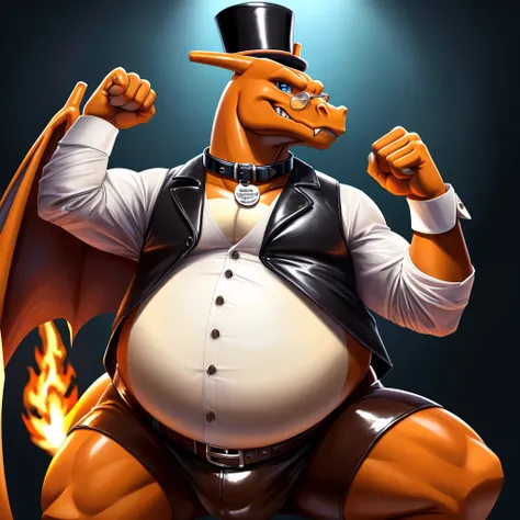 Solo, Male, fat, extremely obese, gentleman, dapper Professor Charizard, blue eyes, (posing:1.3), (soft shading), 4k, hi res, ((detailed face, detailed)), looking at viewer, mouth wide open, steampunk, collared shirt with buttons, top hat, male focus, Expl...