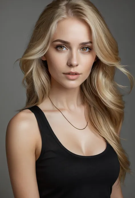 Portrait of a stunning woman with piercing brown eyes and long flowing blonde hair, wearing black tank-top, realistic, intricate details in the clothing and facial features, studio lighting to enhance the depth and realism of the image