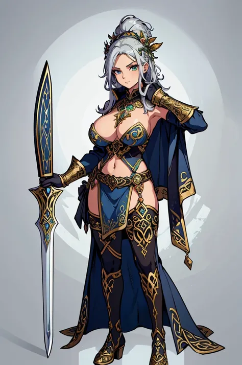 (masterpiece, best quality, high resolution, (huge breasts)) 1 beautiful woman, very short and disheveled silver hair, fantasy looking full body fantasy Celtic soldier costume, druid accessories, druid sword in left hand,(white background,Stickers. Redmond...