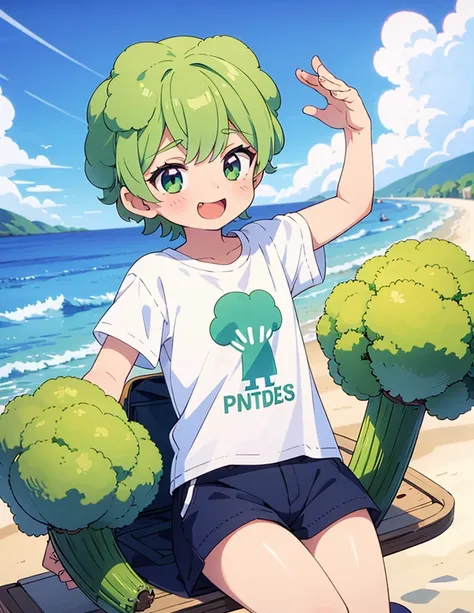 A boy having fun at the beach in summer,Wear a broccoli T-shirt,Broccoli grows all around,high resolution,Nostalgic,