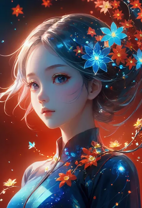 Beautiful girl with blue gradient dissolving pixels，The delicate face gradually disappears, Twisted but still fascinating, Thousand Flower Glass, swirl, Abstract Aesthetics, Starry Sky，fantasy，magic，mystery，illusory，Dreamy，futuristic tech wear, red symmetr...