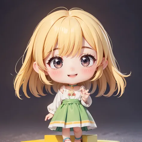  Super Chibi Character：1.8、wearing cute sandals、background：Simple all over、Blonde Hair、Cute 7 year old girl、Random cute outfits、Here you go pose：1.8、Super Happy Smile：1.8