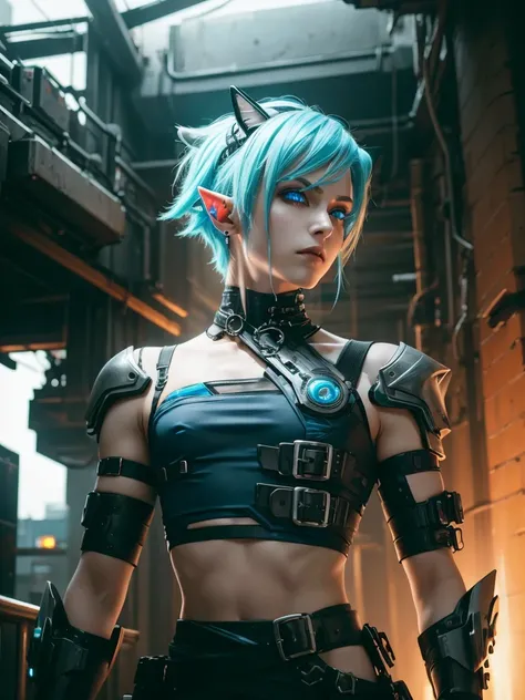 Femboy, cyberpunk style, blue hair, blue eyes, 1boy, elf ears 