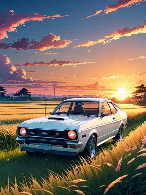 anime landscape of A pearl super Polar white pearl color classic Ford 200RS sport sits in a field of tall grass with a sunset in the background.beautiful anime scene, beautiful anime peace scene, Makoto Shinkai Cyril Rolando, beautiful anime scene, amazing...