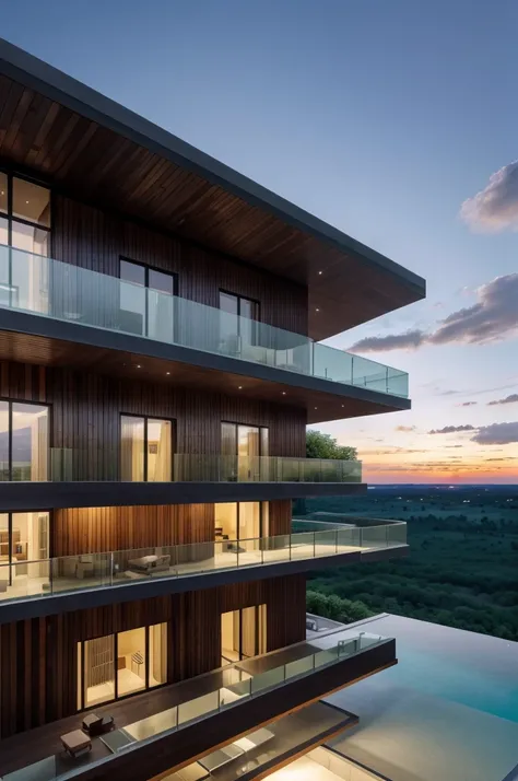 Generate a high resolution image with realistic details of a 7-story Zaha Hadid style building with wood and metal texture, the ground floor of the building must have a reception and an infinity pool with landscape to the horizon, rural landscape at dusk i...