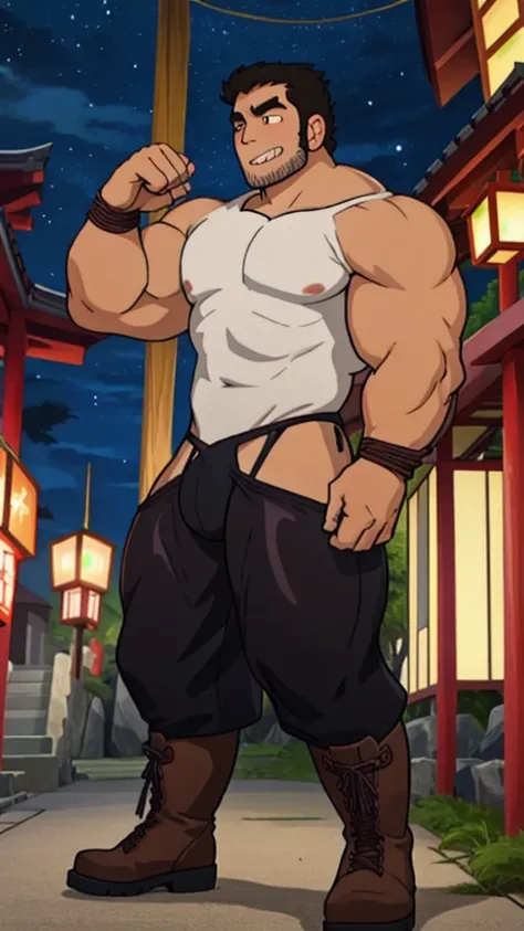 best quality, 4k, male, lucaslee, 1boy , flexing, tight shirt, outdoors, closed mouth, pauldrons, night , shibari , bondage , japanese festival , 祭り , (( G-string )) , massive oversized bulge , full body , boots , ashamed face