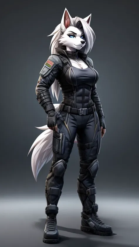 Loona from Helluva Boss, female wolf, anthro, white hair, blue eyes, mature adult, tall, muscular, tomboy, massive female, full military combat suit, standing, solo, beautiful, high quality, clear background, manhwa style, 4K