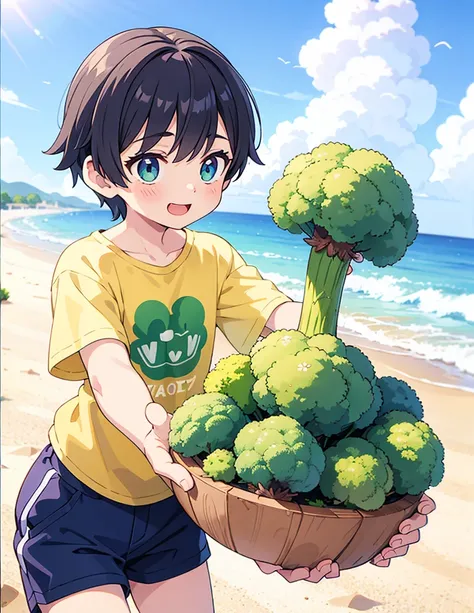 A boy having fun at the beach in summer,Wear a broccoli T-shirt,Broccoli grows all around,high resolution,Nostalgic,Innocent boys,