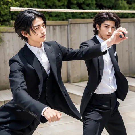 A handsome young Japanese man with Japanese style hair and a black suit is demonstrating fencing.