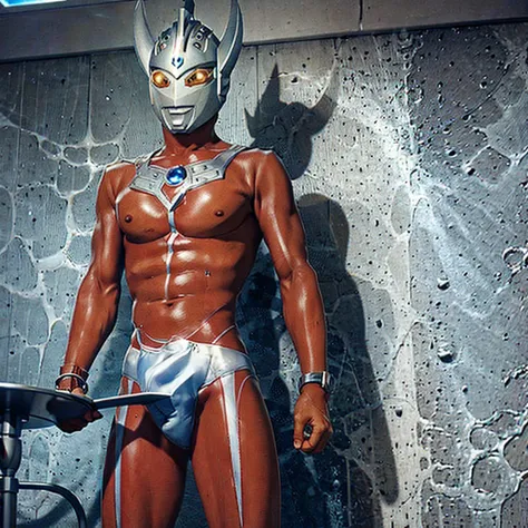 1man,solo,4k,8k,ultraman taro pin up,photo realistic,gay,bara,nude,naked body,slim body,human skin color,hairy body,slim body,head only ultramantaro with naked human body,small penis,shower room