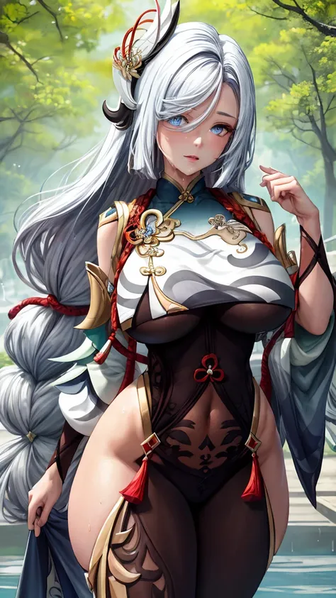 Masterpiece, high quality, shenhe (genshin impact), genshin impact, big breasts, busty, sexy, wide hips, white hair, blue eyes, hair ornament, long hair, breast curtains, bodystocking, hip vent, outdoor, wet, shenhev4, thick thighs, realistic