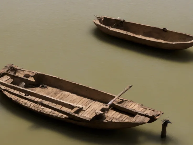 Surrealistic. PhotoRealistic. High image quality. Flush toilets floating on a big river. The toilet is on a simple small boat made of wood. The river is flowing violently and waves are rising.