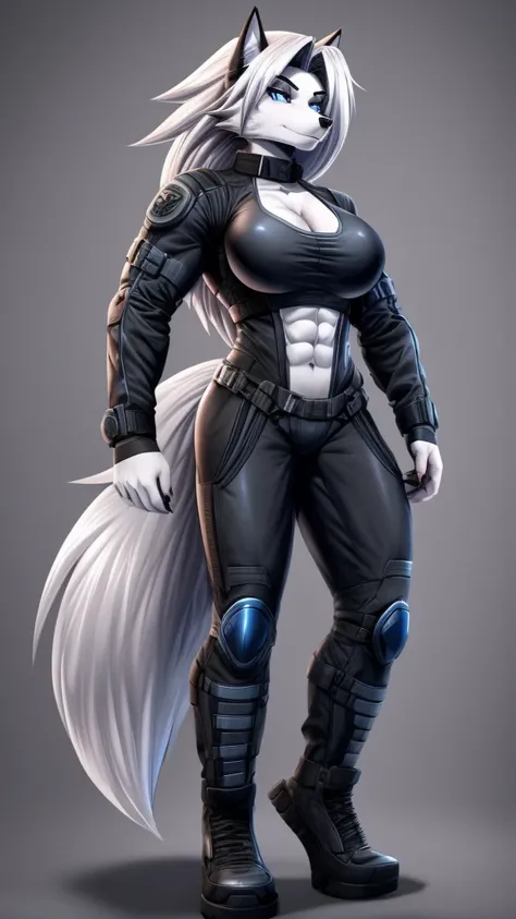 Loona from Helluva Boss, female wolf, anthro, white hair, blue eyes, mature adult, tall, muscular, tomboy, massive female, full combat padded suit, standing, solo, beautiful, high quality, clear background, manhwa style, 4K