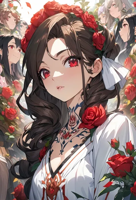 NSFW,Anime girl with long black hair and a white dress with red roses,Brown Hair,Curly long hair,Red Eyes, tattoo, Beautiful eyes in every detail, Gwaiz, Gwaiz on pixiv artstation, Detailed digital anime art, Beautiful Anime Girls, Gwaiz on artstation pixi...