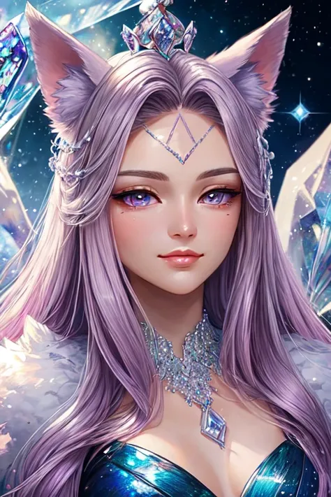 ((best quality)), ((masterpiece)), (detailed), detailed eyes, detailed hands, full-body image, humanoid kitsune, diamond crown, light purple hair, light purple fox ears, 2 purple clear crystal fox tails, crystal star shape marking on forehead, delicate and...