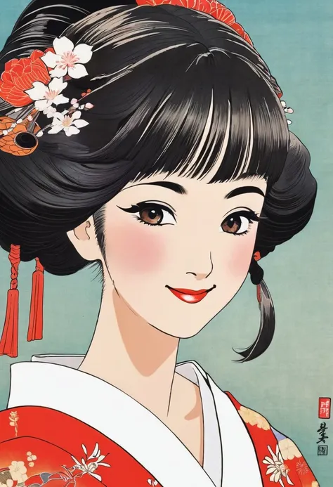 ( best quality:1.2), 1 Girl only,((ukiyoe)),big smiling, Exquisite makeup, Exquisite eyes, Eye detail,forehead