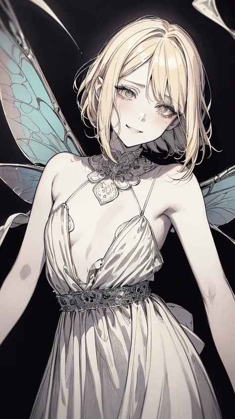 Highest quality, (Background details), High Contrast, so beautiful , Detailed original illustrations,very small stature、Baby Face、Villain、Fairy, Wavy platinum blonde hair、Bob Cut Hair、 Delicate face,  Spoiled brat、White sundress、Real breasts, Flat Chest、Cr...