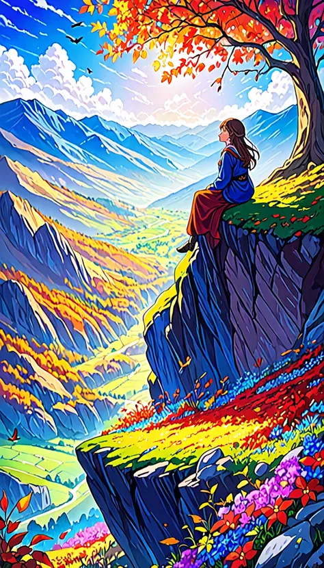 anime-style illustration, The image shows a young woman sitting watching overlooks the vast expanse of clear blue sky and underneath a large valley mountain, flower colorful color blue red green purple yellow, fantasy world medieval, rocks, tree branches, ...