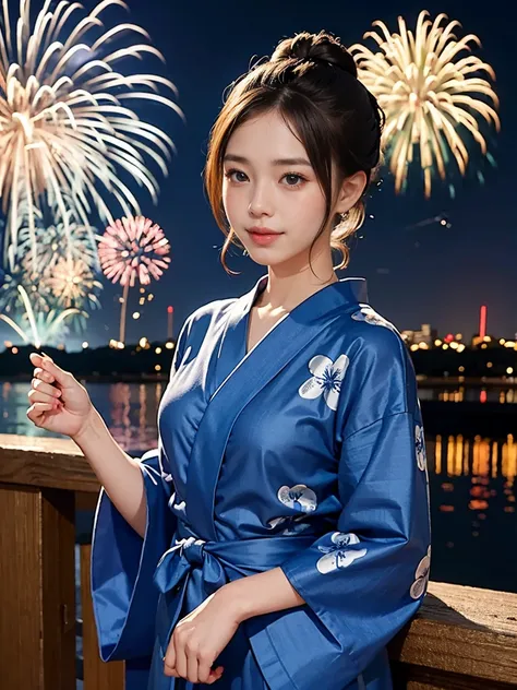 Two bun hairstyle。Blue yukata。Fireworks display。