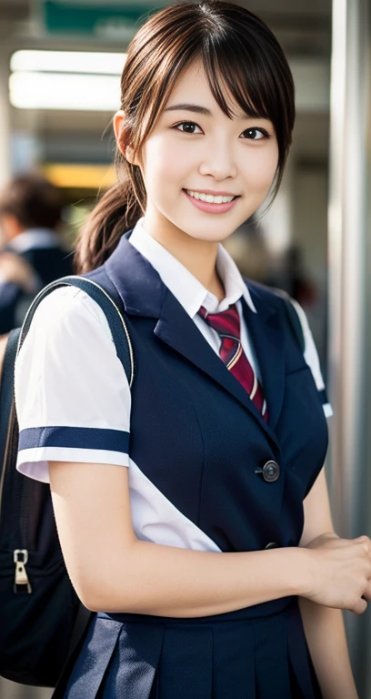 (a beautiful eurasian lady posing at Kamakura Kokomae Station, age 28, (((full bodyesbian))), ((Girls High School Uniforms)), red pleated skirt, short_bob_hair_ponytail, dimples, friendly & kind smile, snaggle-tooth, realistic skin textures, healthy body p...