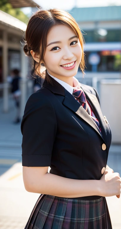 (a beautiful eurasian lady posing at Kamakura Kokomae Station, age 28, (((full bodyesbian))), ((Girls High School Uniforms)), red pleated skirt, short_bob_hair_ponytail, dimples, friendly & kind smile, snaggle-tooth, realistic skin textures, healthy body p...