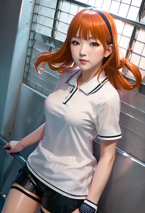 ((highest quality、masterpiece、shining eyes、detailed))、1 cute girl、beautiful face、1girl、young girl、 solo、long hair、cute bangs、 (forehead:1.2)、light brown、(Orange redhead  hair)、 athletic、 neutral、 (baseball shirt、black with white vertical lines 、 open:1.2)、...