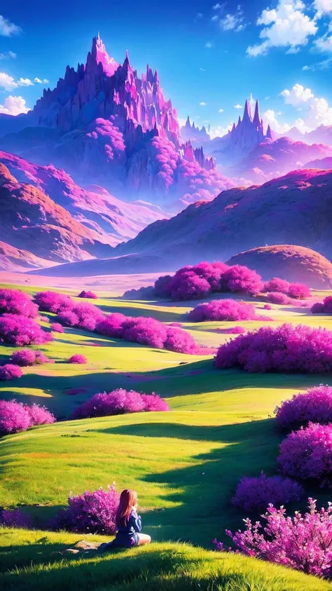 anime-style illustration, The image shows a young woman sitting on the grass watching overlooks the vast expanse of clear blue sky and mountain, flower colorful color blue red green purple yellow, fantasy world medieval, rocks, The scene is depicted in a h...