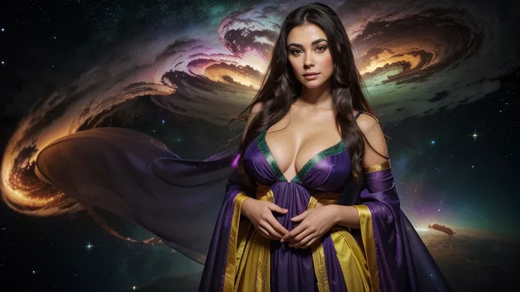 Background: a realm where galaxies collide and celestial clouds swirl. A glow from a thousand cosmic furnaces.
Foreground: a beautiful woman is standing, looking directly at the camera, divine, regal, celestial in appearance. She has long, flowing, dark ha...