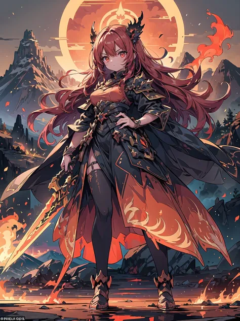 ((full body shot)) of a girl in regal, fire-themed armor with intricate gold and red details, standing in a blazing, volcanic landscape. She has long, flowing fiery red hair and intense, glowing amber eyes. Her skin has a warm, sun-kissed hue, and she is a...