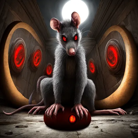 ((perspective horror very scary, Big scary gray rat animal with red eyes, Ultra detailed fur and everything else, she sits on a round children&#39;s rope swing, against the backdrop of a very scary dark forest, end of the world)), ((ultra detailed down to ...