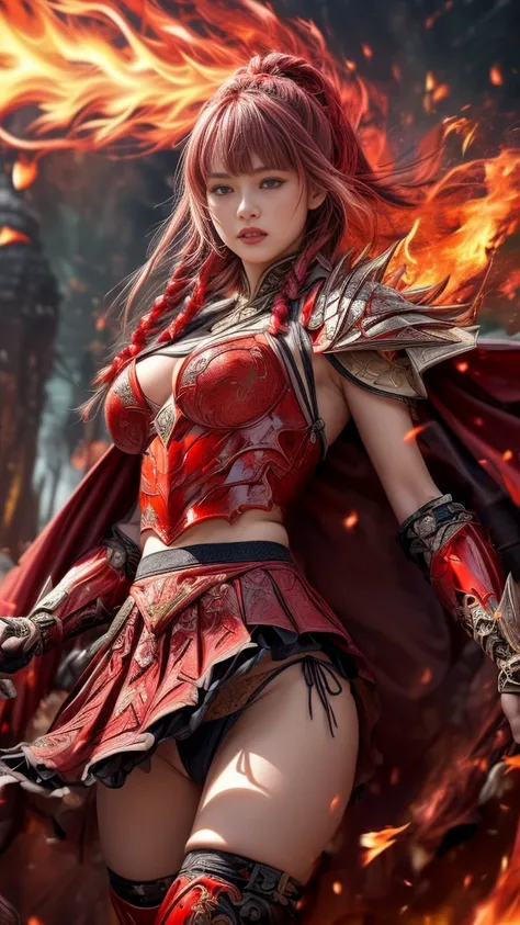 Very beautiful woman、Slender women、(Detailed face)、Realistic Skin、((Knight of Fire)), (((Red Armor:1.25)))、((((A black armor with extremely detailed and intricate decoration.))))、((Delicate photo))，(Girl Astepeace RAW Photo Details:1.25), (Highest quality:...