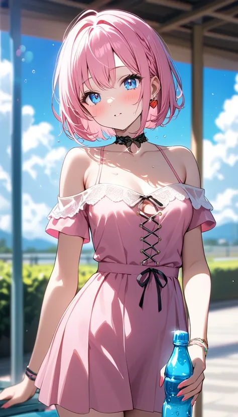 (1 girl),(Best Picture Quality, 8K, Masterpiece:1.3), (high school student:1.5), ((pink lob hair:1.1)), (bob cut),(swept bangs), (cute eyes, pupil black, iris skyblue, youthful face), (mole under right eye), (standard weight), (small breasts), (glistening ...