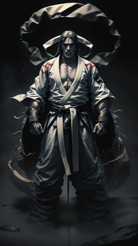 a jiu-jitsu fighter wearing a white kimono, with the black sash tied tightly around the waist. your body is muscular and agile, ...