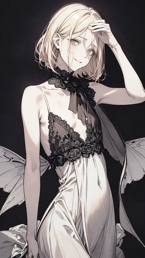 Highest quality, (Background details), High Contrast, Very beautiful  , Detailed original illustrations,very small stature、Baby Face、Villain、Fairy, Wavy platinum blonde hair、Bob Cut Hair、 Delicate face,  Spoiled brat、White sundress、Real breasts, Flat Chest...