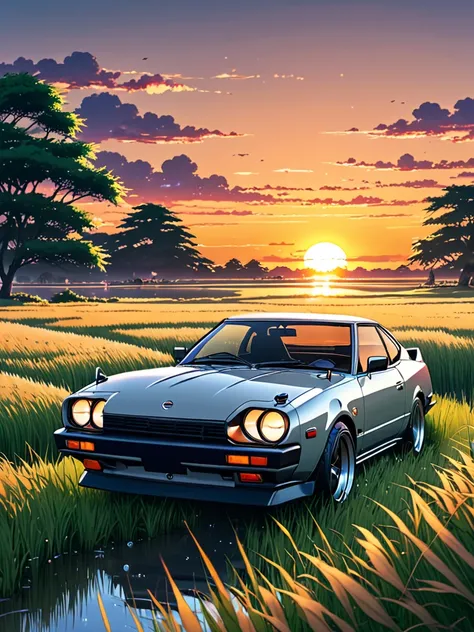 anime landscape of A pearl super light crayfish gray pearl color classic Nissan 240 sport sits in a field of tall grass with a sunset in the background.beautiful anime scene, beautiful anime peace scene, Makoto Shinkai Cyril Rolando, beautiful anime scene,...