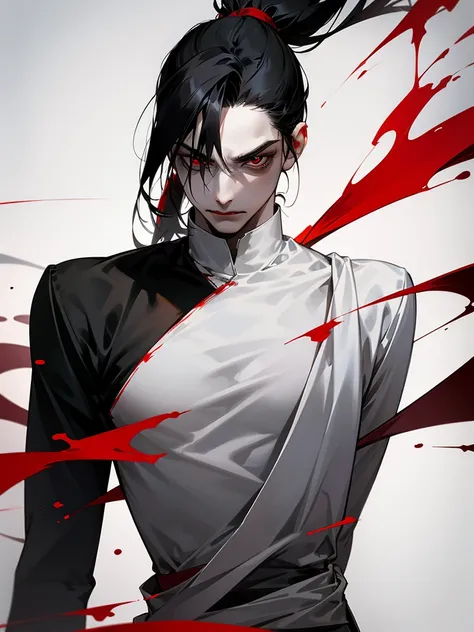 A male with medium-length black hair (Short Ponytail), blood-red eyes, slightly pale skin, a slender figure, an evil expression (the corners of his mouth are raised), the prisoner in black and white stripes