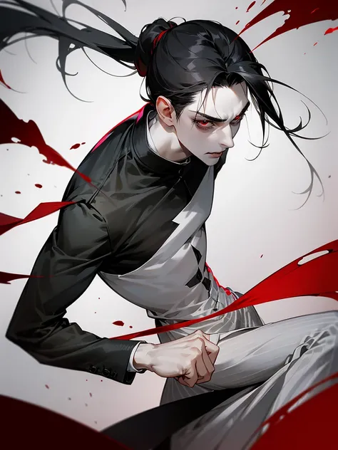 A male with medium-length black hair (Short Ponytail), blood-red eyes, slightly pale skin, a slender figure, an evil expression (the corners of his mouth are raised), the prisoner in black and white stripes