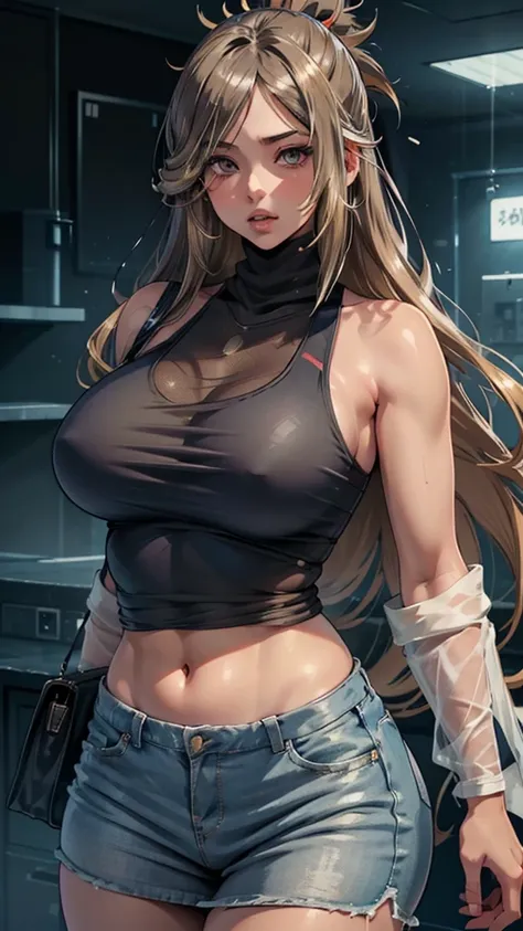 A unique illustrated character with a manga style, featuring long, straight hair in a blend of gray and light brown tones. Her large, expressive eyes are a striking blue, while her nose and plump lips add to her charm. She is wearing a navy tank top that a...