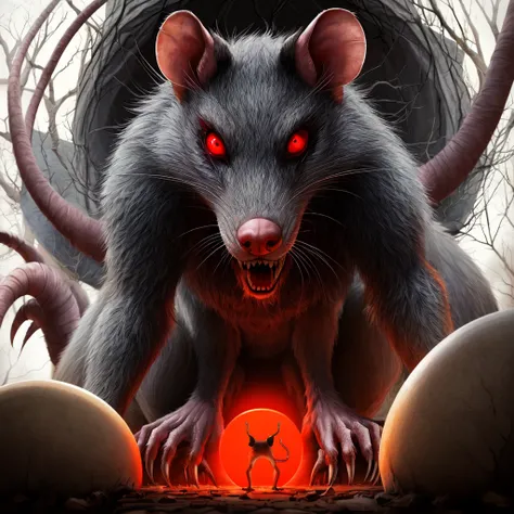 ((perspective horror very scary, Big scary gray rat animal with red eyes, Ultra detailed fur and everything else, she sits on a round children&#39;s swing, against the backdrop of a very scary dark forest, end of the world)), ((ultra detailed down to the s...