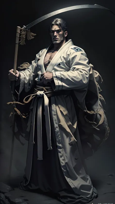 a jiu-jitsu fighter wearing a white kimono, with the black sash tied tightly around the waist. your body is muscular and agile, ...