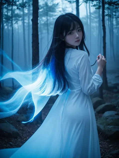 Blue Flame、ghost、Dark Forest、night、深night、Red eyes、Apparition、mysterious、lake、Foggy、turn around、spirit、Illusion、woman、turn around、Hair fluttering in the wind、Copyright circumvention、Blue light、